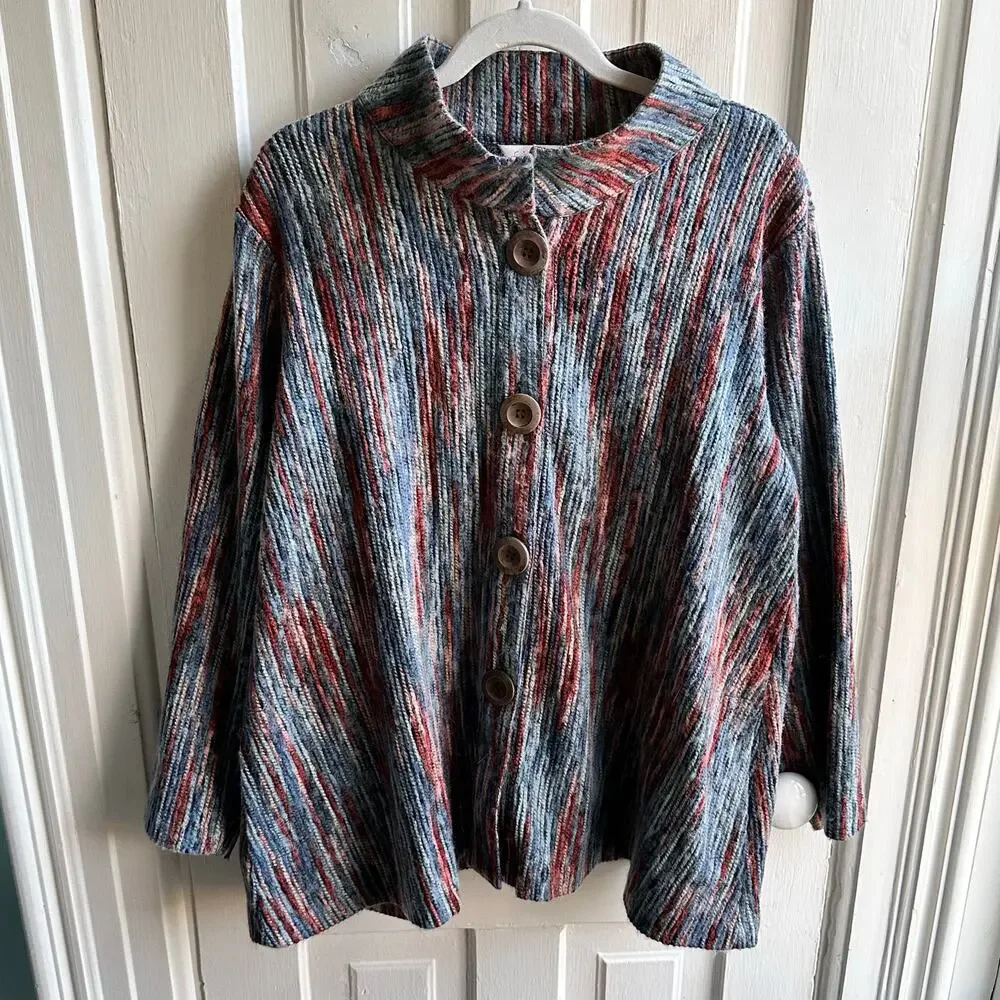 Coldwater Creek Textured Knit Jacket Cardigan Petite Large Blue Red Button Front